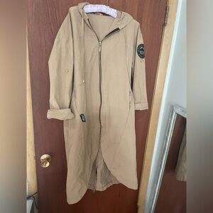 Tan Long Coat with Patch Detail. Expens. Expensive Designer